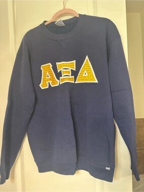 Russell Athletic Navy Sweatshirt with Yellow AZD (Alpha Xi Delta) DAD Lettering
